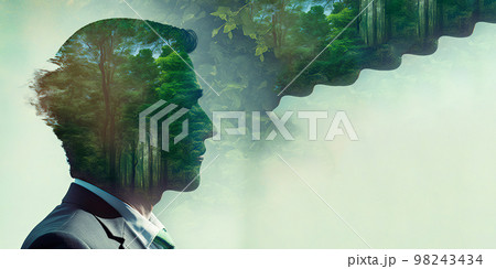 Concept of green business devotion shown by businessman and green forest trees Concept of green business devotion shown by businessman and green forest trees 98243434