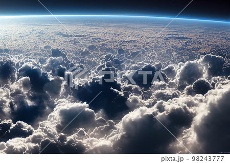 Splendid cloudscape above earth's atmosphere with starry space at horizon. 98243777