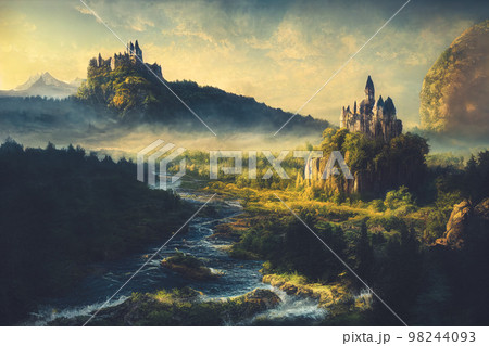 Splendid castle in digital art 3D illustration of fantasy castle on waterfall 98244093