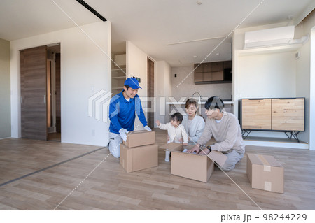 新築マンションに引っ越しをする赤ちゃん連れの若いファミリーと引っ越し業者 新築マンションに引っ越しをする赤ちゃん連れの若いファミリーと引っ越し業者 98244229
