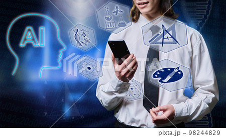 Young male student using smart phone ai for learning. Young male student using smart phone ai for learning. 98244829