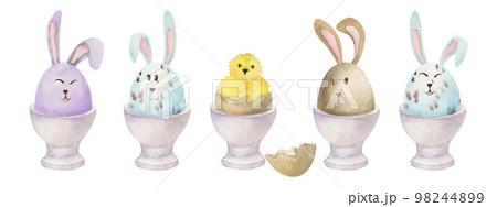 Watercolor hand drawn Easter celebration clipart. Set of painted eggs bunnies in porcelain cups. Pastel color. Isolated on white background. For invitations, gifts, greeting cards, print, textile Watercolor hand drawn Easter celebration clipart. Set of painted eggs bunnies in porcelain cups. Pastel color. Isolated on white background. For invitations, gifts, greeting cards, print, textile 98244899