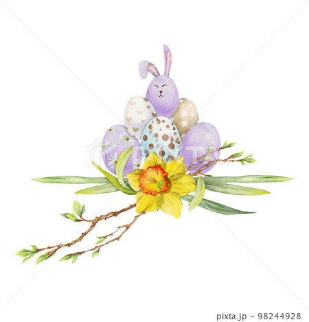 Watercolor hand drawn Easter celebration clipart. Composition of painted eggs, spring flowers, leaves, twig. Isolated on white background Design for invitations, gifts, greeting cards, print, textile 98244928