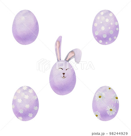 Watercolor hand drawn Easter celebration clipart. Set of painted eggs with bunny ears and faces. Pastel color. Isolated on white background. For invitations, gifts, greeting cards, print, textile 98244929