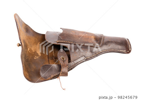 An old brown leather pistol holster. 98245679