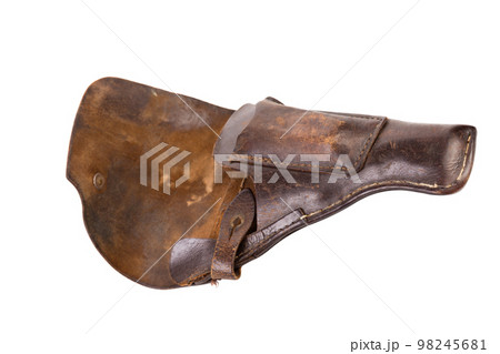 An old brown leather pistol holster. 98245681