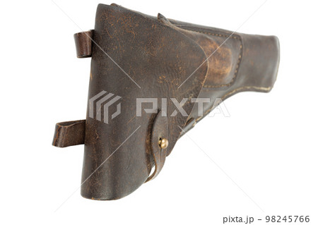 An old brown leather pistol holster. 98245766