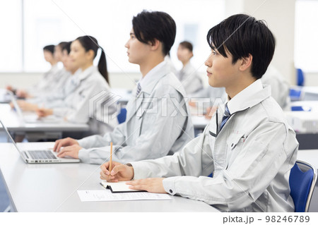 研修を受ける作業着を着た男女 98246789