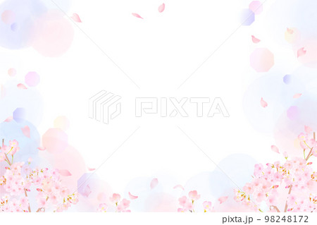 かわいい薄いピンク色の桜の花と花びら春の水彩白バックフレーム背景素材イラスト 98248172