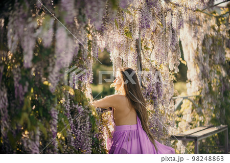 Thoughtful happy mature woman surrounded by chinese wisteria in purple dress Thoughtful happy mature woman surrounded by chinese wisteria in purple dress 98248863