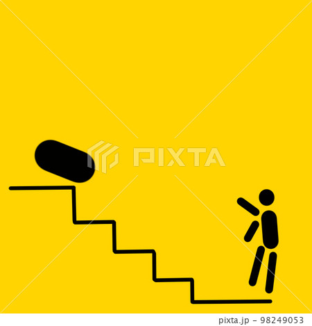 Geometric shapes represent person, stairs and an obstacle on yellow background 98249053
