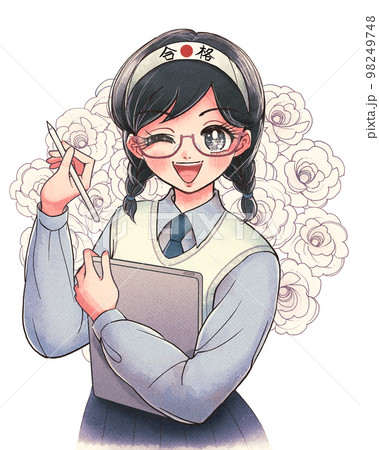 受験対策をタブレットのアプリでがんばる女の子・眼鏡秀才委員長 98249748