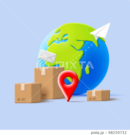 3d illustration of shipment delivery with globe icon and  98250732