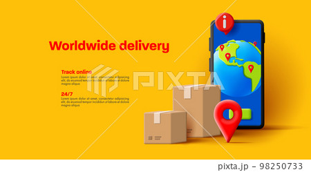 Parcel delivery. Carton boxes with smartphone and globe with tracking shipment info 98250733