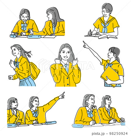 勉強に励む女子高生イラストのセットのイラスト素材 [98250924] - PIXTA