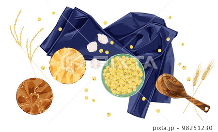 小皿に乗せた味噌と大豆の手描き水彩風イラスト 小皿に乗せた味噌と大豆の手描き水彩風イラスト 98251230