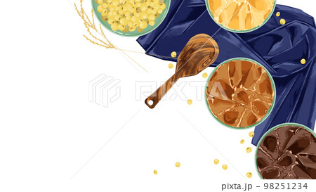 小皿に乗せた味噌と大豆の手描き水彩風イラスト 98251234