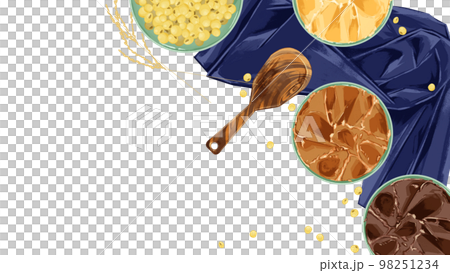 小皿に乗せた味噌と大豆の手描き水彩風イラスト 98251234