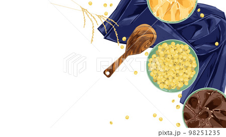 小皿に乗せた味噌と大豆の手描き水彩風イラスト 小皿に乗せた味噌と大豆の手描き水彩風イラスト 98251235