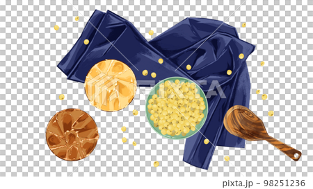 Hand-drawn watercolor illustration of miso and soybeans on a small plate 98251236