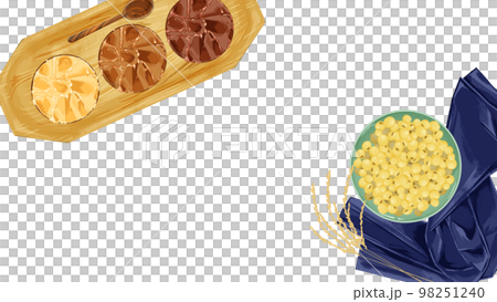 小皿に乗せた味噌と大豆の手描き水彩風イラスト 小皿に乗せた味噌と大豆の手描き水彩風イラスト 98251240