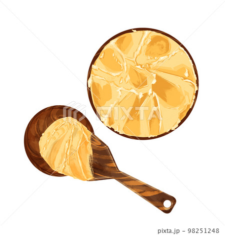 小皿と木べらに乗せた味噌の手描き水彩風イラスト 98251248