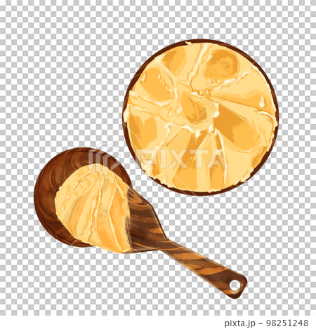 小皿と木べらに乗せた味噌の手描き水彩風イラスト 98251248