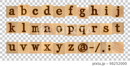 切り抜きで使える焼き印風、木製アルファベットの小文字セリフフォント 98252000