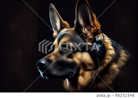 German shepherd listening music in headphones 98252348