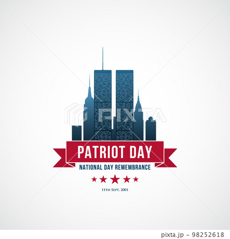 Patriot Day concept design with Twin Towers, red ribbon and text We Will Never forget. 98252618