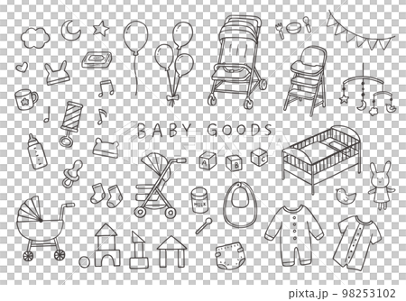 ベビーグッズの手描きイラストセット(モノクロ) ベビーグッズの手描きイラストセット(モノクロ) 98253102