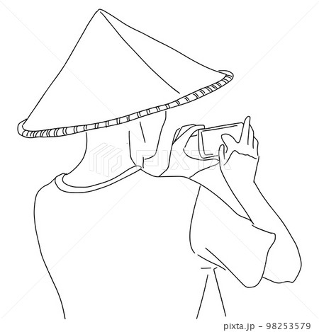sketch tourist in a triangular hat takes a photo 98253579