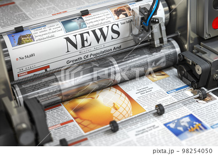 Newspaper or hournal with news printing on a printing machine in a typography. 98254050