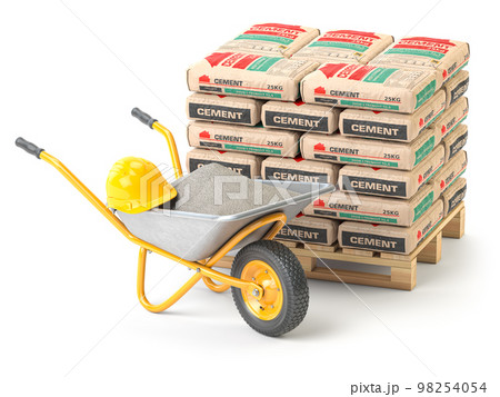 Wheelbarrow and cement bags isolated on white. Construction materials. 98254054