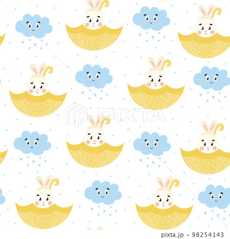 Cute springtime pattern with bunny in umbrella with flowers and rain on white background. Cute springtime pattern with bunny in umbrella with flowers and rain on white background. 98254143