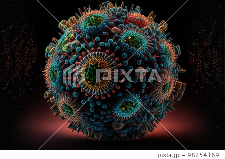 Coronavirus model in different colors on a black background created with generative AI technology. High quality illustration Coronavirus model in different colors on a black background created with generative AI technology. High quality illustration 98254169