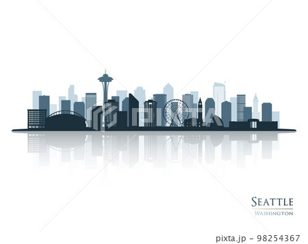 Seattle skyline silhouette with reflection.  98254367