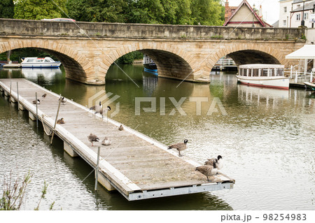 ロンドン郊外のオックスフォードの街を流れるテームズ川沿いの歴史的建物と遊覧ボート ロンドン郊外のオックスフォードの街を流れるテームズ川沿いの歴史的建物と遊覧ボート 98254983