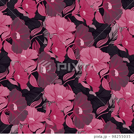 Abstract flower line seamless pattern. Delicate floral vintage outline endless background. Retro style. Abstract flower line seamless pattern. Delicate floral vintage outline endless background. Retro style. 98255035
