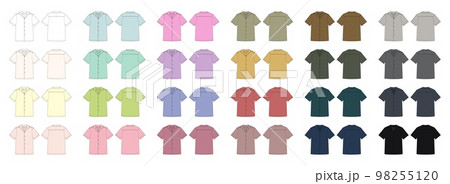 Set of blank shirt and buttons technical sketch. Unisex casual shirt mock up collection. 98255120