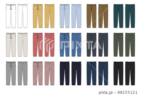 Set of jogger pants with pockets. Technical sketch collection. Kids trousers design template bundle. 98255121