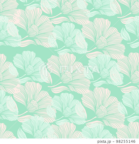 Abstract flower line seamless pattern. Delicate floral vintage outline endless background. Retro style. 98255146
