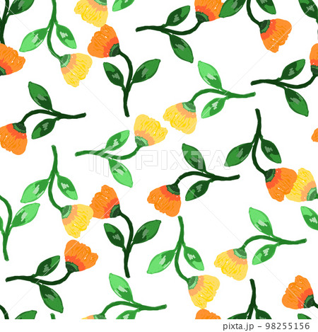 Hand drawn flower seamless pattern. Naive art style. Cute botanical plants endless backdrop. Decorative floral wallpaper. 98255156