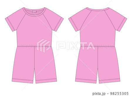 Cotton oversized raglan jumpsuit technical sketch. Pink color. Women's romper design template. Cotton oversized raglan jumpsuit technical sketch. Pink color. Women's romper design template. 98255305