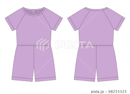 Cotton oversized raglan jumpsuit technical sketch. Pastel purple color. Women's romper design template 98255325