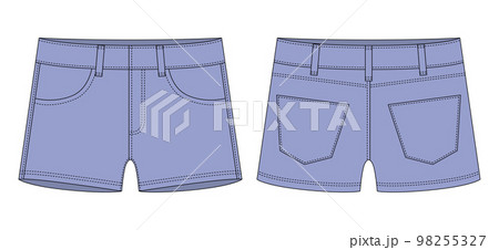 Denim short with pockets technical sketch. Cool blue color. Kids jeans shorts design template. 98255327