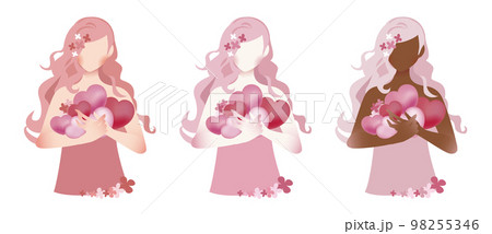 ピンクの髪の可愛い少女がハートを抱いているシルエットイラストのカラーバリエーションセット。 98255346