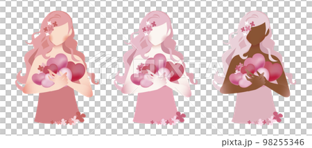 粉紅色頭髮的可愛少女抱著一顆心的剪影插圖的顏色變化組。 98255346