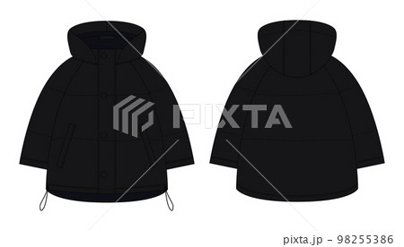 Ooversized raglan puffer winter down coat technical sketch. Black color. 98255386