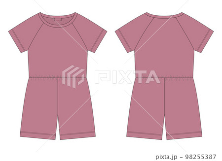 Cotton oversized raglan jumpsuit technical sketch. Pudra color. Women's romper design template 98255387